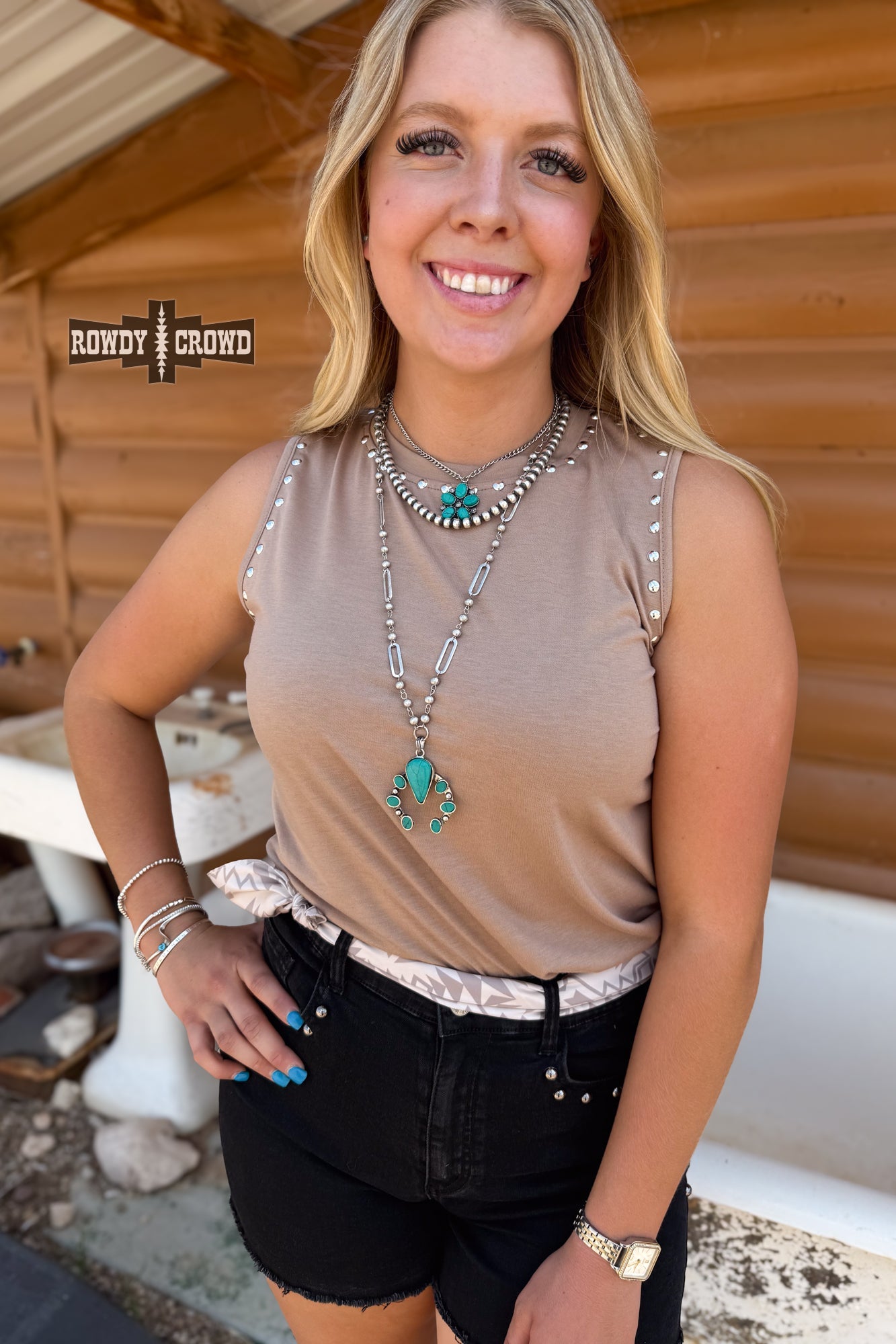 TAUPE- Rowdy Studded Tank